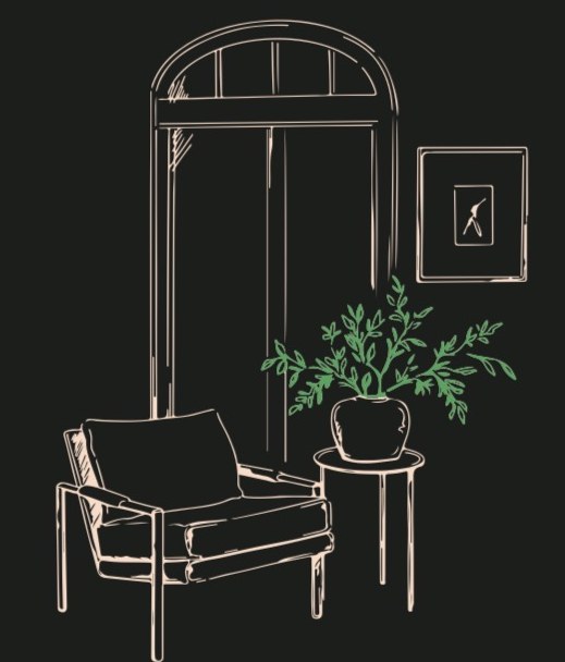 Line illustration of an armchair beside an arched window with a potted plant