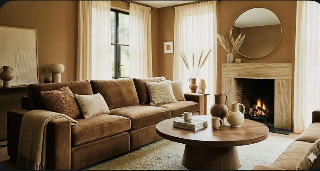 Warm mocha living room with velvet sofa, travertine fireplace and round brass mirror