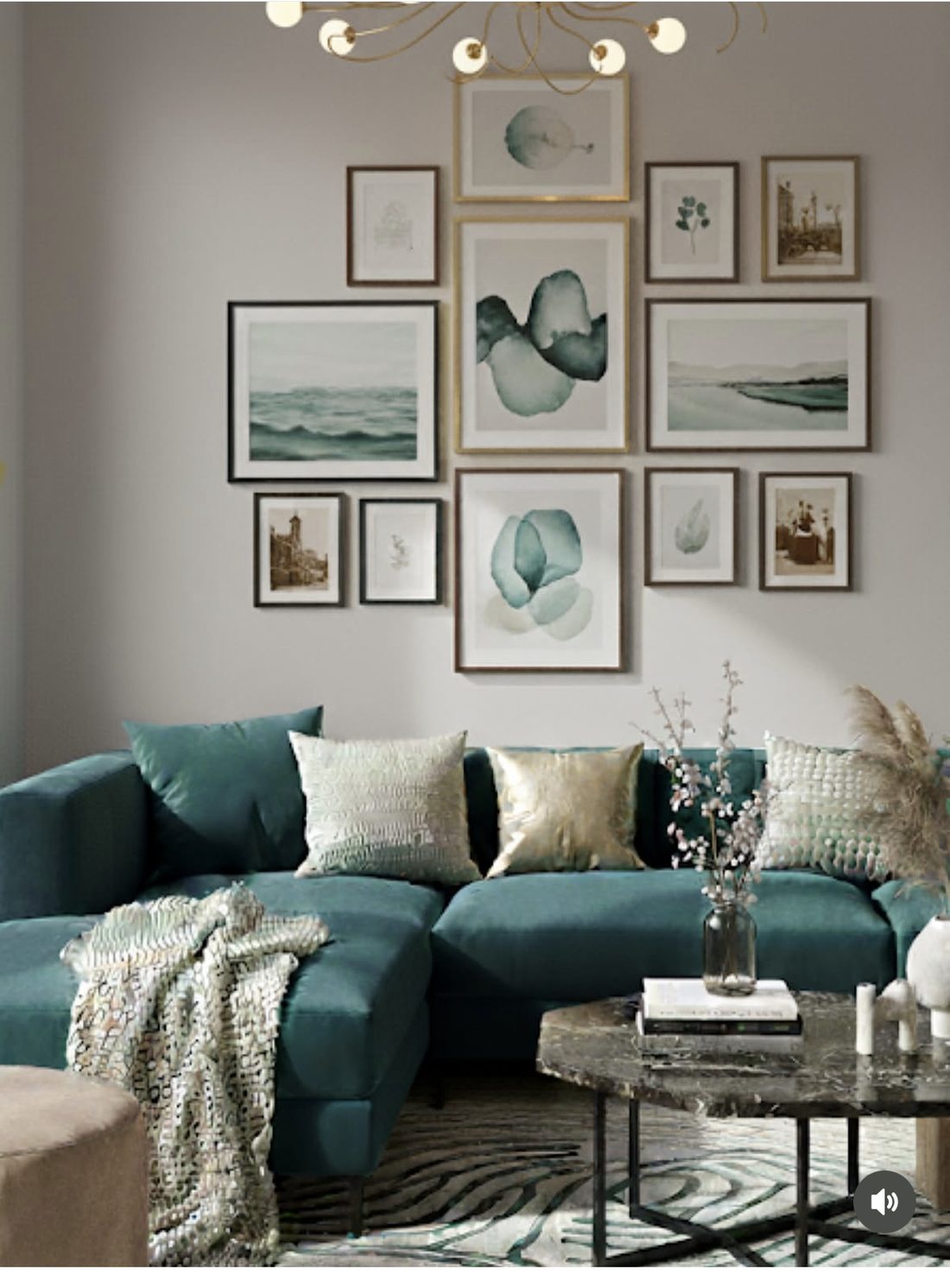 Teal sectional sofa beneath a curated gallery wall of watercolors and vintage prints